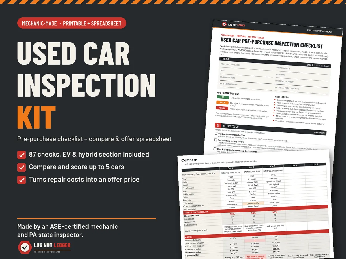 Used Car Inspection Kit: the printable checklist and the Compare tab of the spreadsheet