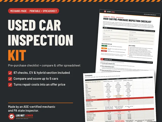 Used Car Inspection Checklist and Offer Calculator: printable checklist and compare spreadsheet