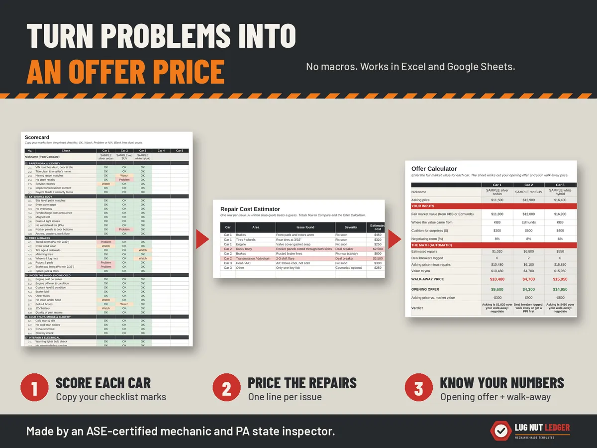 Score each car, price the repairs, then see the opening offer and walk-away price