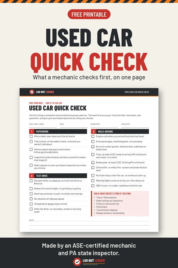 The free Used Car Quick Check: a one-page printable checklist for paperwork, walk-around and test drive